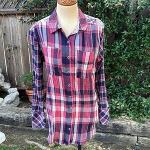 Caslon Floral Back Red and Blue Plaid Button Up Tunic Top Women's Size Small